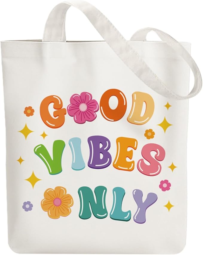 ANATTASOUL Canvas Tote Bag Color Boho Letter Reusable Cotton Bag for Women, Durable Cloth Shoulder Bags with Zipper Pockets for Shopping, Vacation, Work, Gym