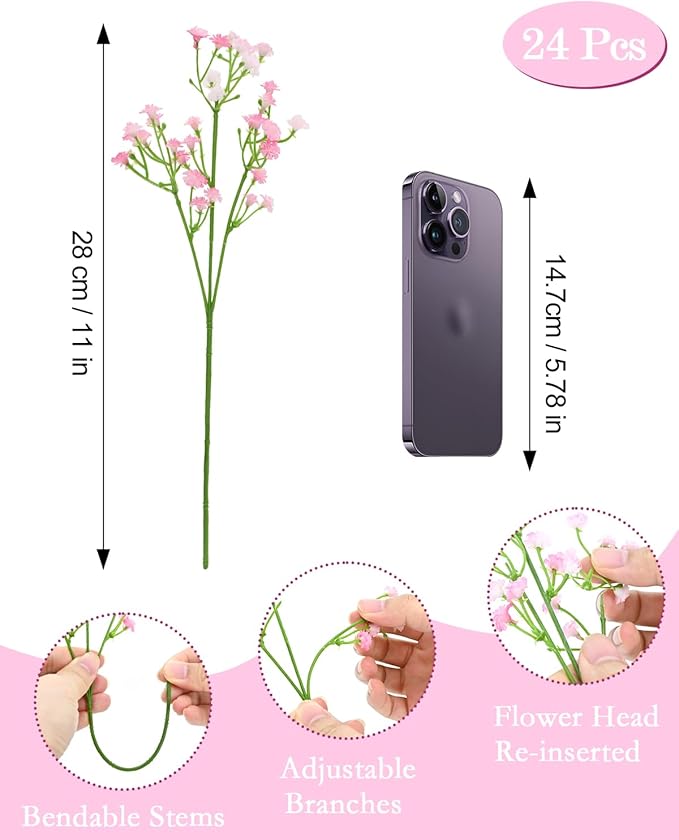 Babys Breath Artificial Flowers, 24Pcs Fake Baby Breath Flowers Artificial Bulk Faux Gypsophila Real Touch Flowers for Wedding DIY Bouquet Arrangement Party Home Garden Decor, Pink
