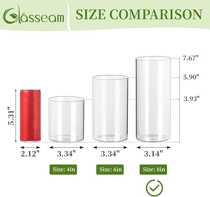 Glasseam Clear Cylinder Vase Set of 6, Modern Glass Vases for Centerpieces, Floating Candle Vases for Decor, Decorative Hurricane Candle Holders for Pillar Candles Wedding Table Decorations, 8in