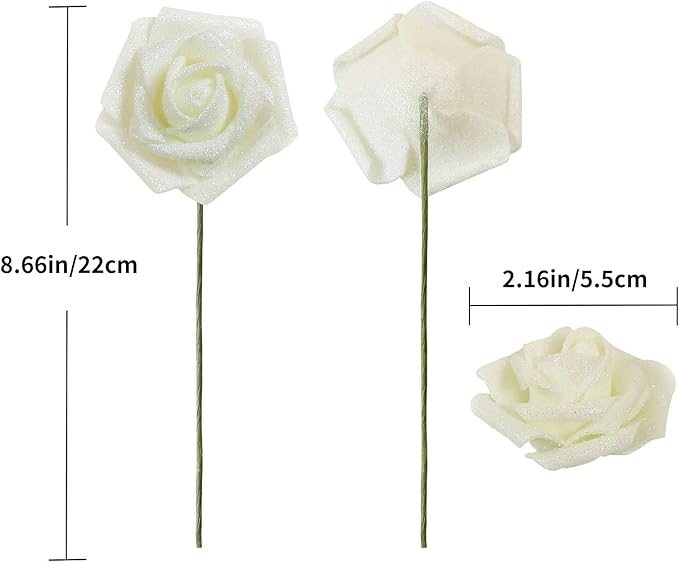 30 pcs Glitter Roses Ivory Artificial Foam Rose Artificial Glitter Flowers with Stem, Foam Glitter Rose for Wedding Party Office Baby Shower Home Decoration(Ivory