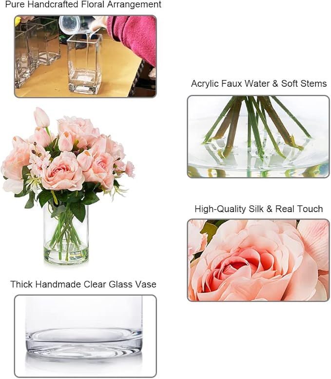 ENOVA FLORAL Pink Tulip Artificial Real Touch Flowers in Vase, Mixed Fake Tulips Fake Flowers and Silk Rose Artificial Flowers with Vase for Dining Table Decoration (Pink)