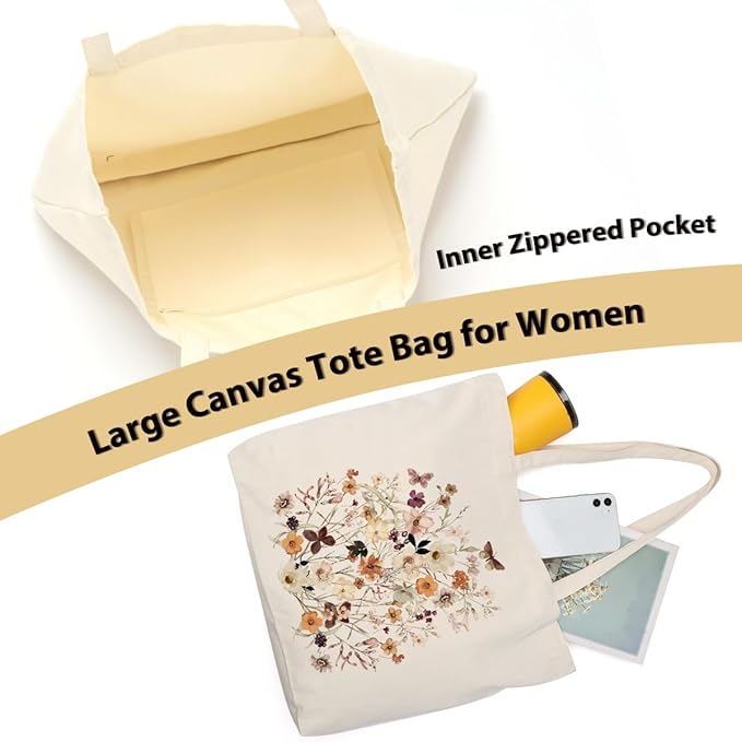 Aesthetic Floral Canvas Tote Bag for Women with Pocket, Tote Bags for Grocery Shopping Travel Christmas Birthday