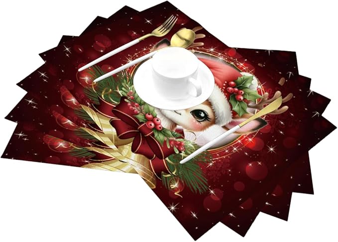 PVC Placemats Set of 6 Wipeable Table Mats Washable Heat Resistant Non Slip Vinyl Dining Table Mat for Kitchen Indoor Outdoor Patio Farmhouse Place Mats Red Christmas Bell Deer Decorative