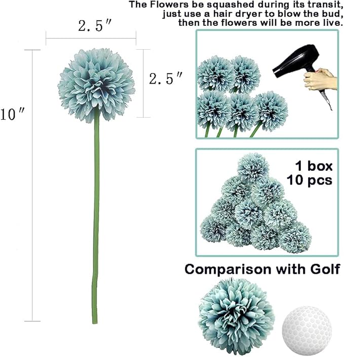 10Pcs Artificial Fake Flower Plants Silk Chrysanthemum Ball Hydrangea Arrangements Wedding Bouquets Decor Home Kitchen Garden Party Table Floral Centerpieces DIY (Grey Blue)