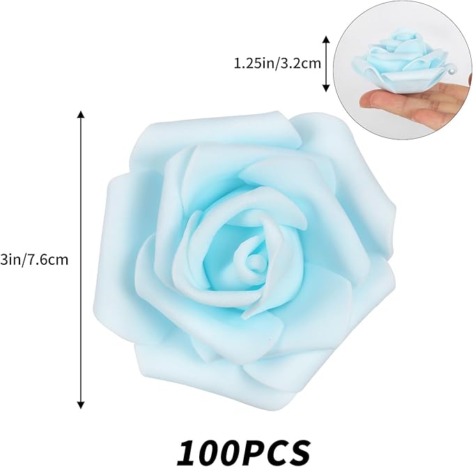 IPOPU Artificial Rose Flower Heads, 100pcs Light Blue Foam Fake Roses Bulk 3in Stemless Flowers for DIY Wedding Baby Shower Centerpieces Arrangements Party Tables Home Decorations (Light Blue)