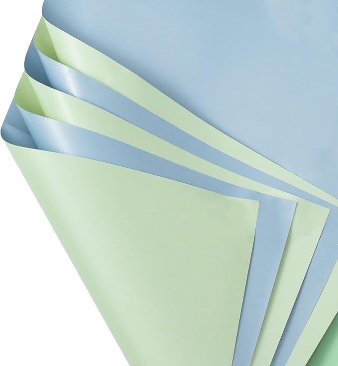 LeZakaa 20 Sheets Flower Wrapping Paper - Waterproof Reversible Floral Bouquet Paper - Green Gray and Mist Blue Design for Baby Shower, Mother's Day, Parties, Birthdays, Weddings