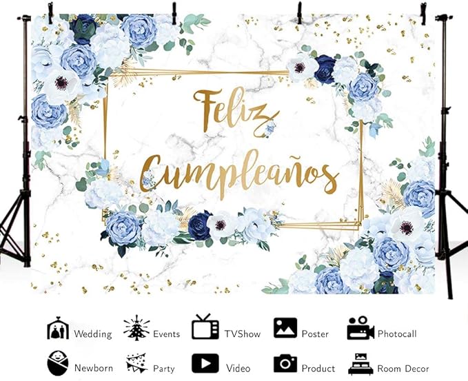 MEHOFOND 10x7ft Feliz cumpleaños Backdrop Blue and White Flowers Birthday Photography Background Girls Geometric Gold Glitter Dots Birthday Floral Party Decorations Cake Smash Decor Studio Photo Props