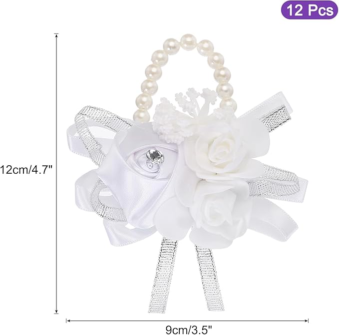 MECCANIXITY 12Pcs Wrist Corsage Artificial Flower Bracelets Rose Wrist Bride Groom Decorative for Wedding Ceremony Prom Party Anniversary White