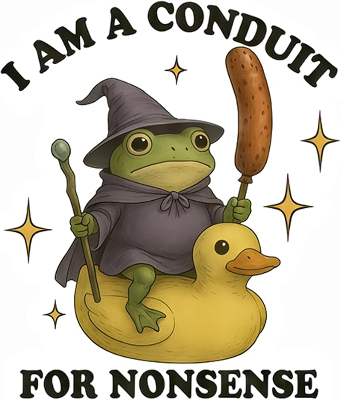 HANDICHI Design 5-Pack 5 Inch Funny Frog Stickers – “I Am a Conduit for Nonsense” Wizard Frog Vinyl Decals – Quirky Meme Sticker Pack for Laptops, Water Bottles, Journals and Scrapbooks
