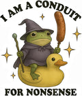 HANDICHI Design 5-Pack 5 Inch Funny Frog Stickers – “I Am a Conduit for Nonsense” Wizard Frog Vinyl Decals – Quirky Meme Sticker Pack for Laptops, Water Bottles, Journals and Scrapbooks