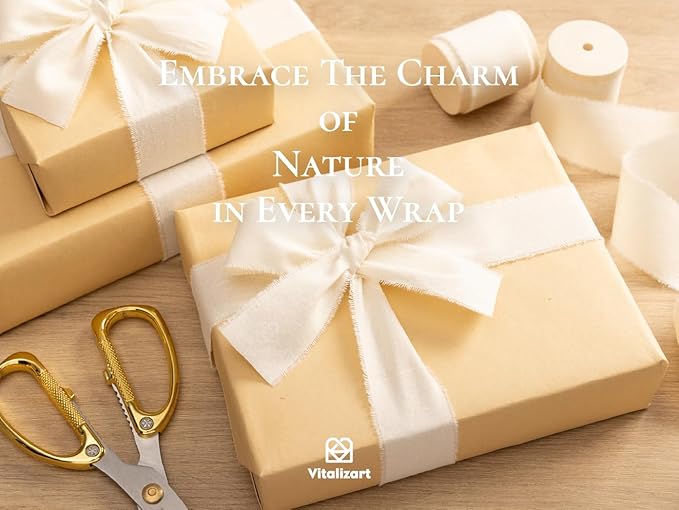 Vitalizart Cream White Ribbon 1-1/2" x 15 Yd 100% Cotton Handmade Frayed Fringe Fabric Ribbons for Gift Wrapping Wedding Invites Bridal Shower Bouquets Christmas Decorations