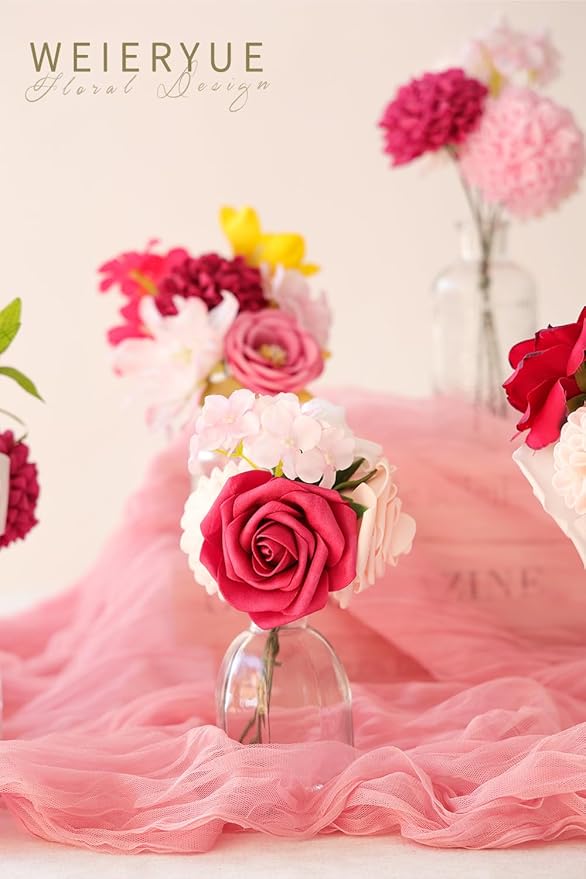 Artificial Flower Box Set Silk Fake Flowers DIY Center Cake Decoration Wedding Bouquet Corsage Home Decor Outdoor Decor Gift (Bright Pink)