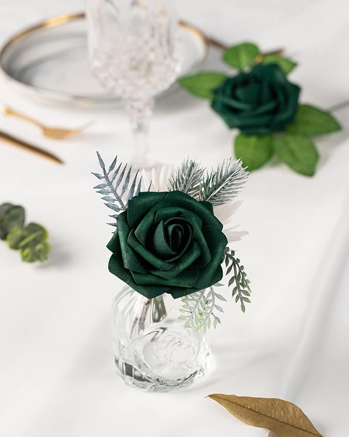 DuHouse 25Pcs Artificial Roses Flowers Fake Roses with Stems Real Touch Foam Flowers for DIY Wedding Bouquet Baby Shower Centerpiece Floral Arrangement Party Home Decor(Hunt Green)