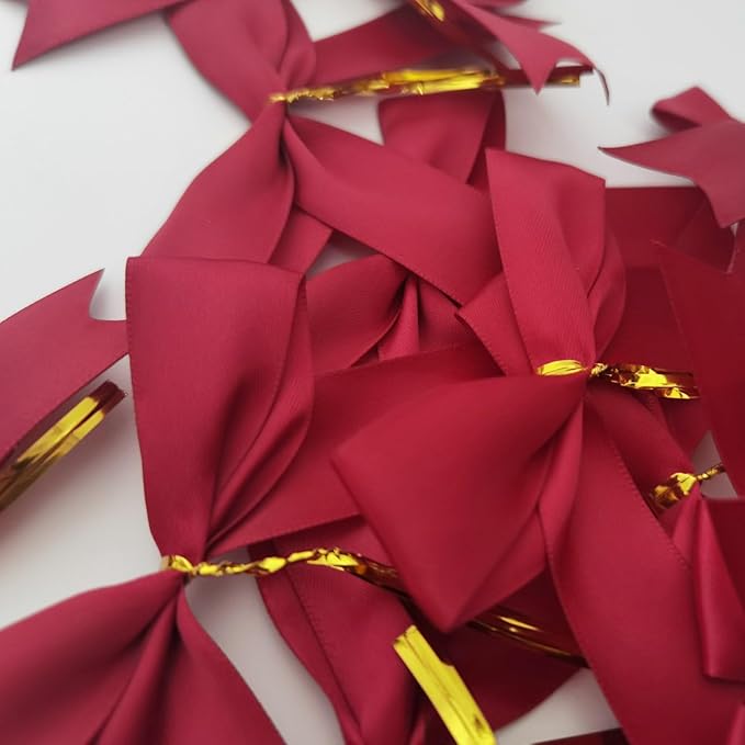 50pcs 3-1/2" Burgundy Twist Ties Satin Wine Color Bows with Twist Tie Bows Fish Tail Cutting(Burgundy)