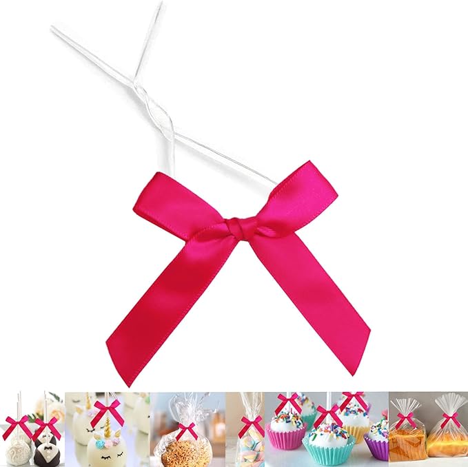 50 PCS 3 Inch Twist Bows for Treat Bags, Satin Twist Tie Bows, Pre Tied Bows with Wire, Ribbon Bows with Twist Ties, Bow Ties for Gift Bags, Popcorn Bags, Cookie Bags, Party Favors (Hot Pink)