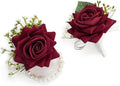 Floroom Burgundy Rose Wrist Corsage Wristlet Band Bracelet and Men Boutonniere Set for Red Wedding Flower Accessories Prom Suit Decorations
