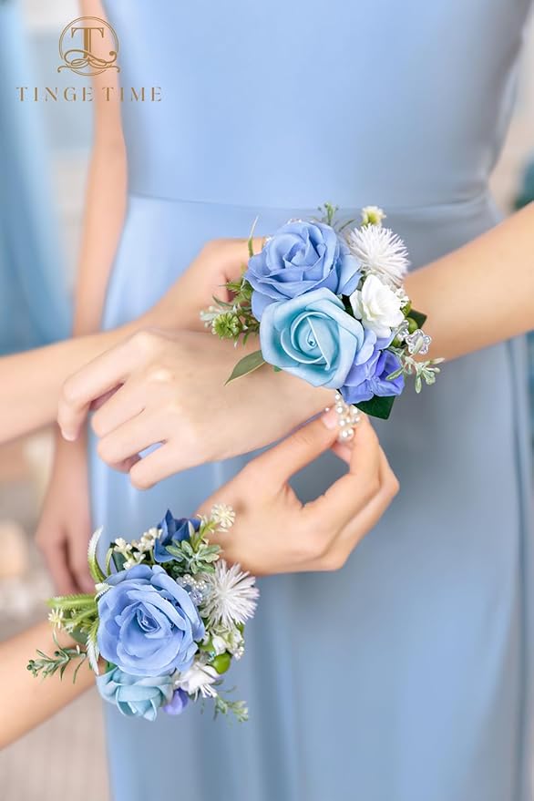 TINGE TIME Set of 2 Wrist Corsage Bracelets Pearl Wristlet Band Bridesmaid Bracelet for Wedding Ceremony Bridal Shower Wedding Artificial Flower Prom (Provence Blue)