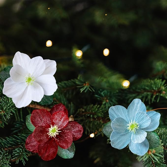 Artificial Magnolia Flowers with Glitter, Foldable Christmas Tree Decor, for Vase Arrangements, Gold