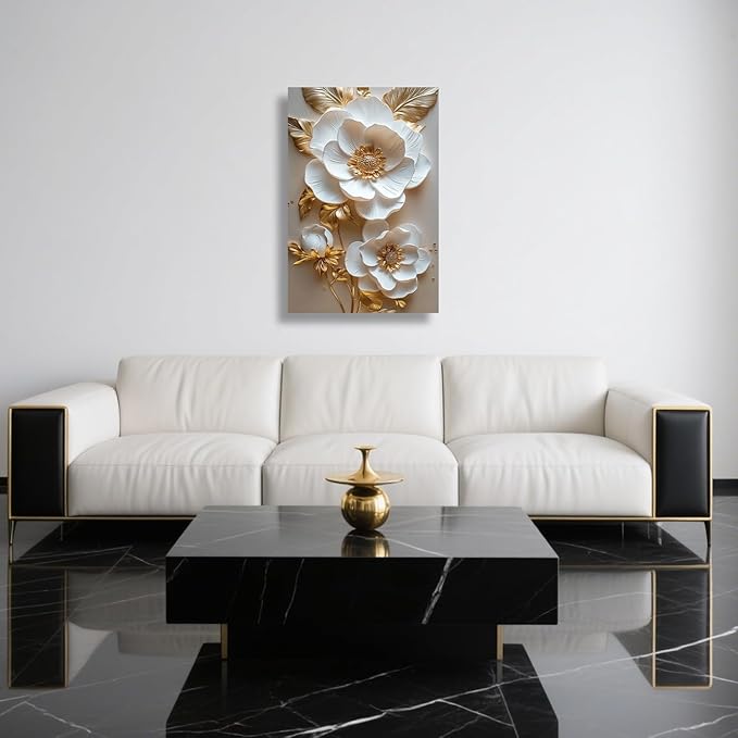 ZSHARTSWD Abstract White & Gold Floral Canvas Wall Art Elegant Flowers Pictures Prints White Flower Golden Leaves Painting Living Room Bathroom Decor Framed (Gold, 24L x 16W)