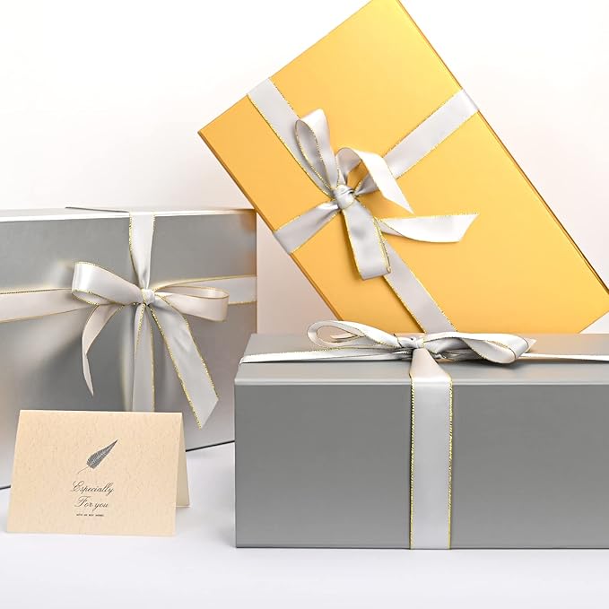 LIFELUM 2 Pack Large Gift Boxes with Lids,13.85 x 8.35 x 4.45 inch Gift Box Rectangle Collapsible Box Groomsmen Gift Boxes for Presents with Ribbon, Card, Shredded Paper Filler