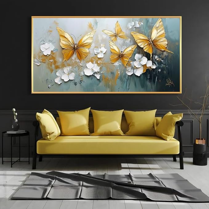 Butterfly Canvas Wall Art, Butterfly and Flower Wall Decor, Butterfly Prints, Abstract Textured Canvas Wall Art, Artwork for Walls, Oil Painting Wall Art, Wall Decor Living Room (Black Frame, *71"x35"|180x90cm)