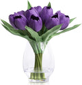 WELL KNOWN 12 Pcs Fake Tulips Artificial Flowers in Vase with Faux Water, Real Touch Purple Foam Tulips Arrangement with Vase for Home Office Wedding Party Decor Dining Table Centerpiece & Mom's Gift