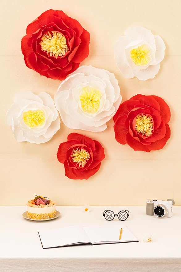 Crepe Paper Flowers Decoration for Wall, Artificial Flowers for Wedding Decor,Flower Backdrop Decor,Baby Shower,Birthday,Archway Decor, Nursery Wall Decor(White and Orange Red,Set/6)