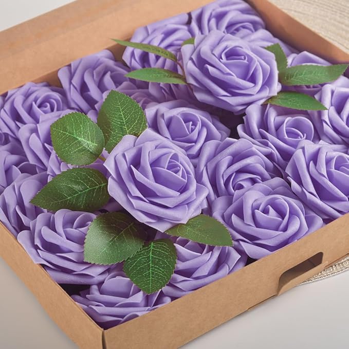 homEdge Artificial Rose, 25pcs Foam Artificial Flowers with Stem for Home Decorations, Wedding Bouquets, Party, Certerpieces, Anniversaries-Lilac