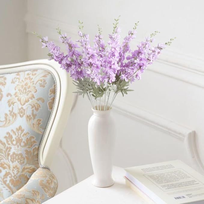 8PCS Purple Delphinium Artificial Flowers 33.5in Long Stem Larkspur Fake Silk Flowers for Tall Vase Faux Flowers for Home Wedding Baby Shower Floral Arrangement Centerpiece Table Decor (Purple)