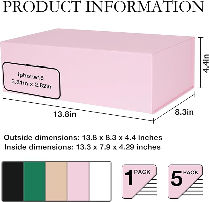 Pink Gift Box with Magnetic Lids 13.8x8.3x4.4 in, Large Present Box for Bridesmaid Proposal Wedding Mother's Day 1 Pack