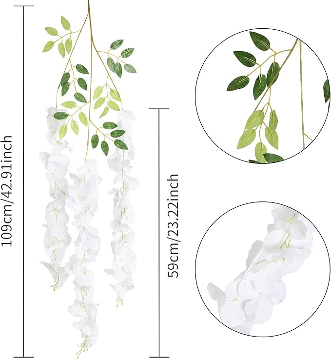 12pcs Wisteria Hanging Flowers 3.6ft Wisteria Artificial Flowers Vines White Silk Long Flowers Garland Fake Flower Ratta String for Wedding Arch Home Party Wall Backdrop Decorations (White)