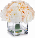 ENOVA FLORAL 18 Pieces Rose Artificial Flowers in Vase, Fake Flowers in Vase with Faux Water for Wedding, Dining Table(Cream Beige)