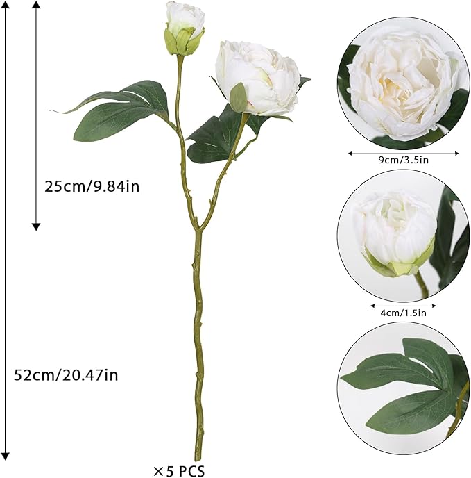 IPOPU Silk White Flowers Artificial Peonies 5PCS 10heads Vintage Fake Peonies Silk Peonies with Stems Real Look for Spring Decorations Floral Arrangements Home Table Centerpiece (White)