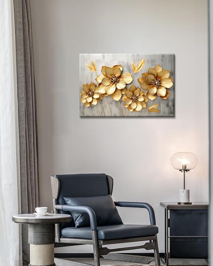 GLOKAKA Gold Metallic Flowers Print Wall Art Elegant Floral Flower Canvas on Grey Background Painting Picture Artwork for Living Room Bedroom Bathroom Decor (Gold Metallic Flowers, 30"x20")