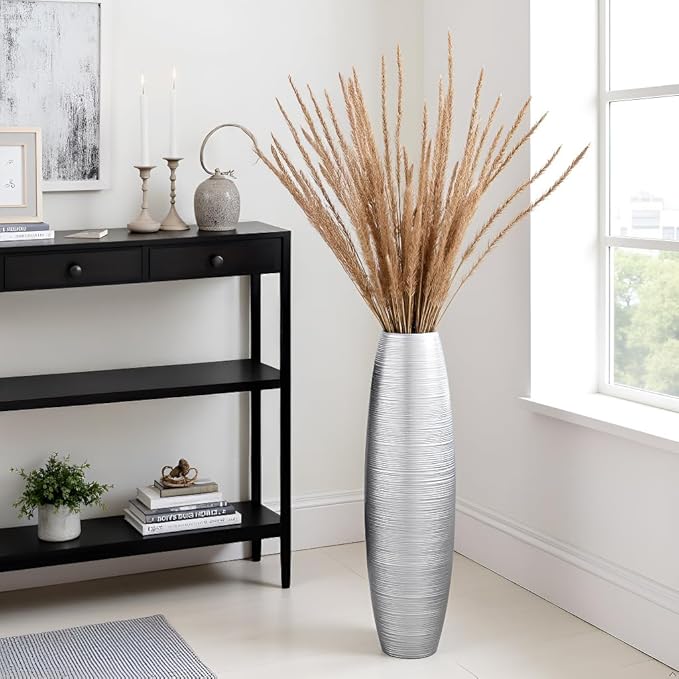 Tall Floor Vase, 27.5 inches (70cm, 2.3FT) Tall Vases Sturdy, Luxury, Textured for Decorative Branches Dried Flowers, Floor Vase for Rustic Living Room, Modern Decor, Resin Silver Vases