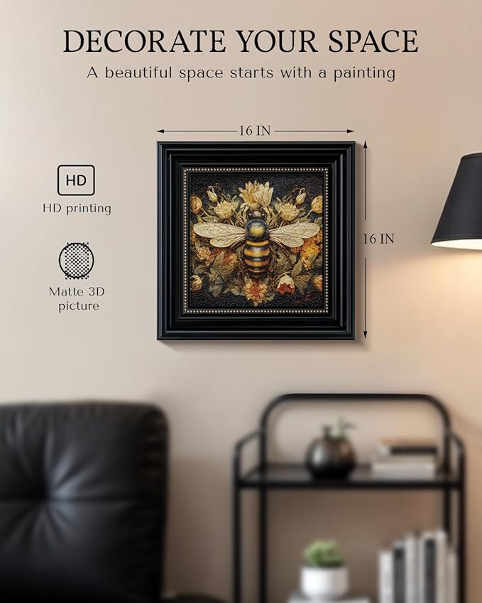 Vintage 3D Textured Bee and Flower Framed Wall Art 16x16 Inch, Square Insect and Floral Sandstone Panel Artwork Botanical Print, Retro Rustic Living Room Bedroom Farmhouse Home Decor