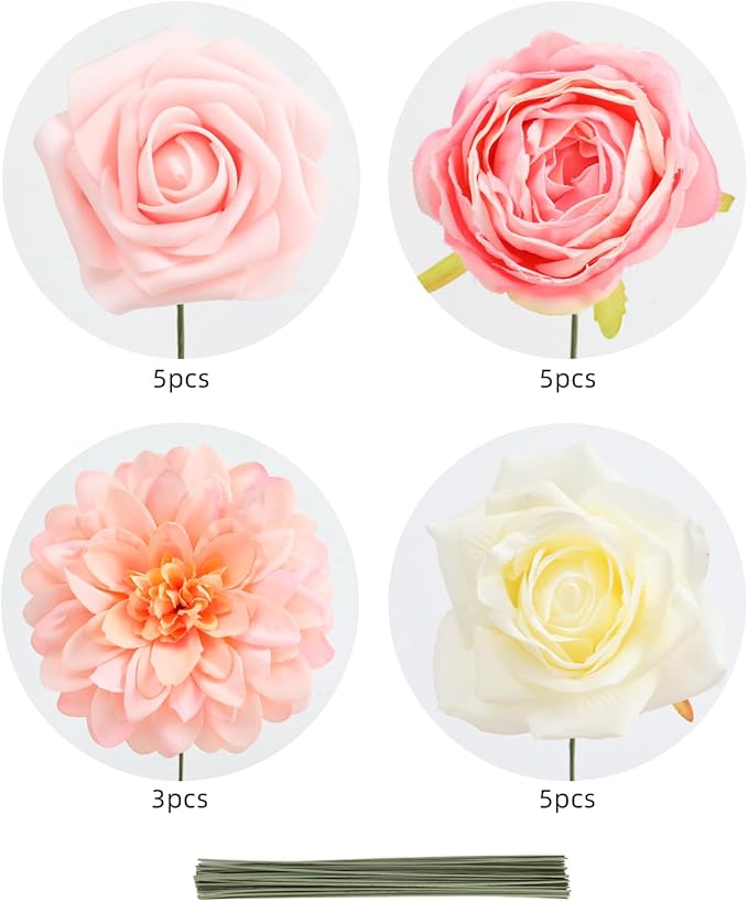 Senseya Artificial Flowers Combo, Peach Pink Silk Roses, Peonies, Dahlias with Stems for DIY Wedding Bouquets, Baby Shower, Table Centerpieces, Home Decor, Fake Floral Arrangements, Party Decorations