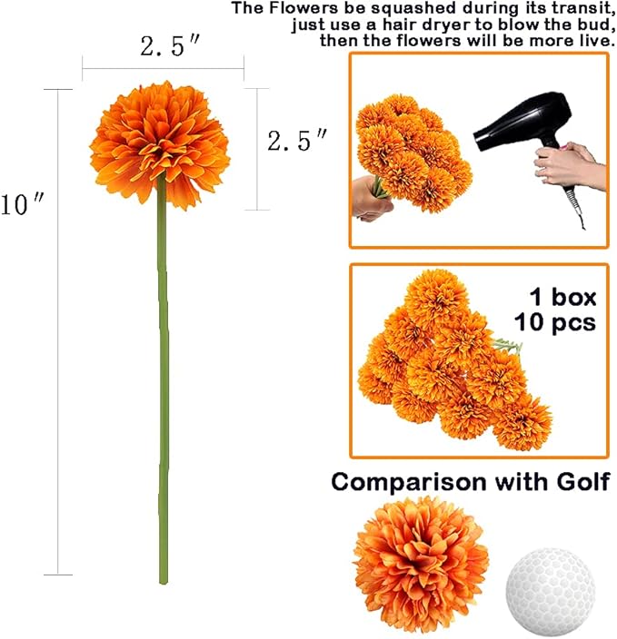 10Pcs Artificial Fake Flower Plants Silk Chrysanthemum Ball Hydrangea Arrangements Wedding Bouquets Decor Home Kitchen Garden Party Table Floral Centerpieces DIY (Orange)