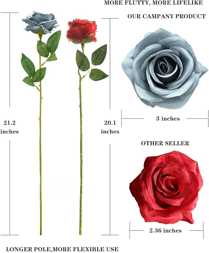 LFF 10pcs Silk Roses Artificial Flowers Fake Long Stem Roses for DIY Wedding Bouquet Home Decoration (Dusty Blue)
