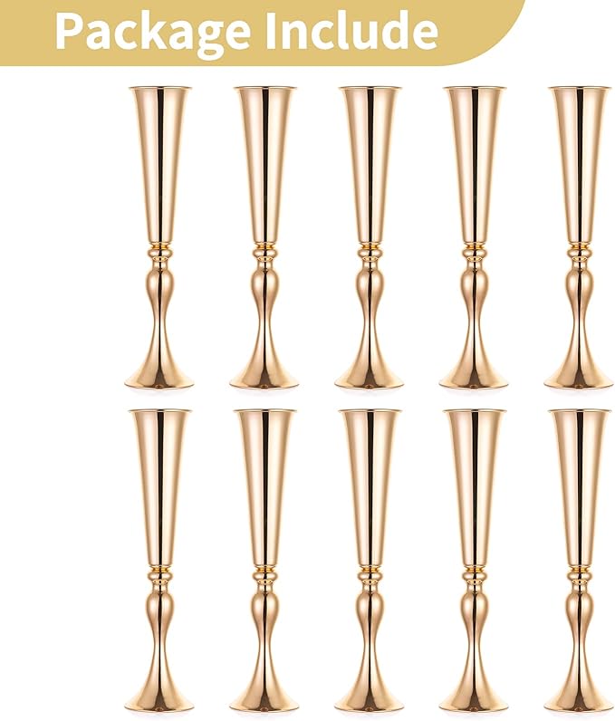 NUPTIO Gold Tall Centerpiece Table: 21.9" Trumpet Vases for Wedding Metal Flower Stand for Party Decorations Set of 10