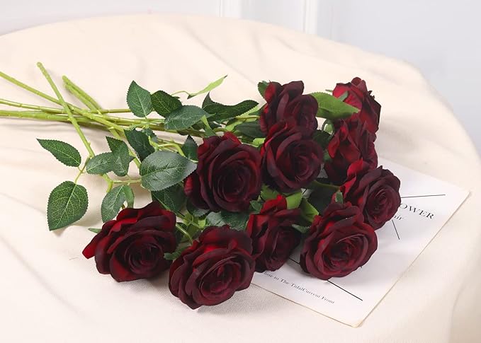12 PCS Artificial Flowers Roses Silk Flowers Fake Long Stem Artificial Roses for Home Wedding Bathroom Kitchen Decorations (Wine Red)