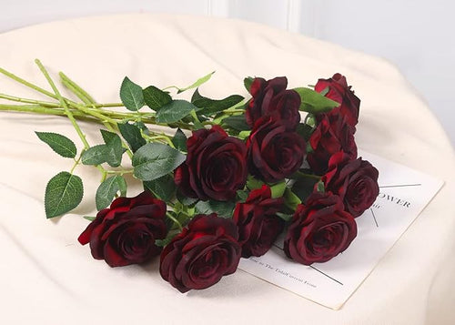 12 PCS Artificial Flowers Roses Silk Flowers Fake Long Stem Artificial Roses for Home Wedding Bathroom Kitchen Decorations (Wine Red)