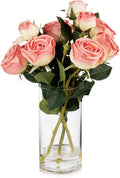 ENOVA FLORAL 9 Heads Silk Rose Artificial Flowers in Vase,Faux Rose Flowers Arrangement in Vase with Faux Water for Table Decor Centerpieces (Dark Pink)