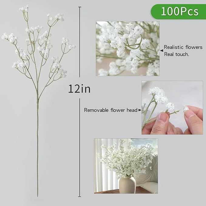 100PC Baby Breath Artificial Flowers - Babies Breath Flowers Artificial Bulk Faux Flowers Bouquet White Flores Real Touch Fake Flowers Arrangements Wedding Centerpieces Tables Decorations