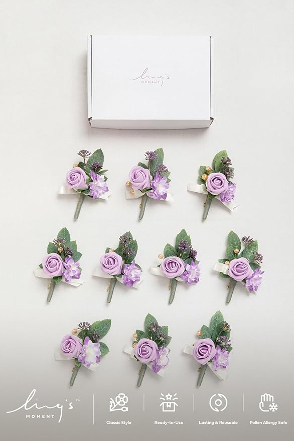 Ling's Moment Boutonniere for Men, 10pcs Groomsmen Guest Boutonniere, Artificial Flowers for Wedding Décor/Prom/Homecoming,etc.Purple Lilac