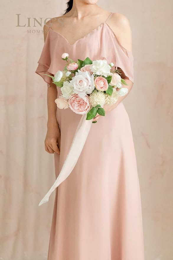 Ling's moment Artificial Flowers Pink Bridesmaid Bouquet Set of 4, Blush & Cream Wedding Flowers Bouquets for Bridesmaids, 7 Inch Bridal Bouquets for Bridesmaids, Wedding, Ceremony, Anniversary, etc