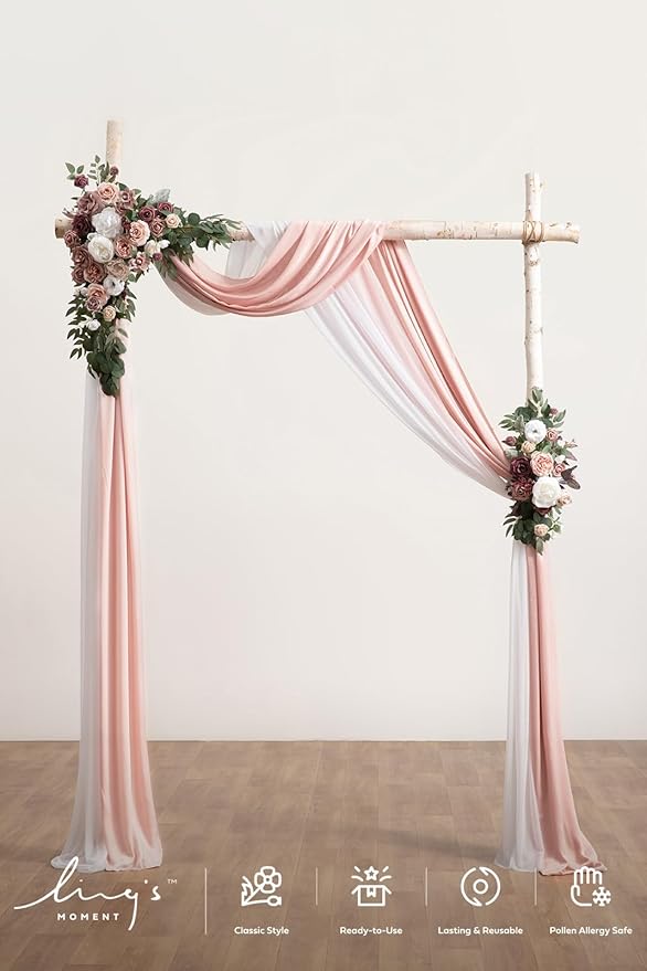 Ling's moment Pink Mauve Artificial Wedding Arch Flowers Kit Pack of 4, 2pcs Hanging Flower Arrangement 2pcs Chiffon Drapes Spring Ceremony Reception Fake Rose Arbor Backdrop Floral Outdoor Decor