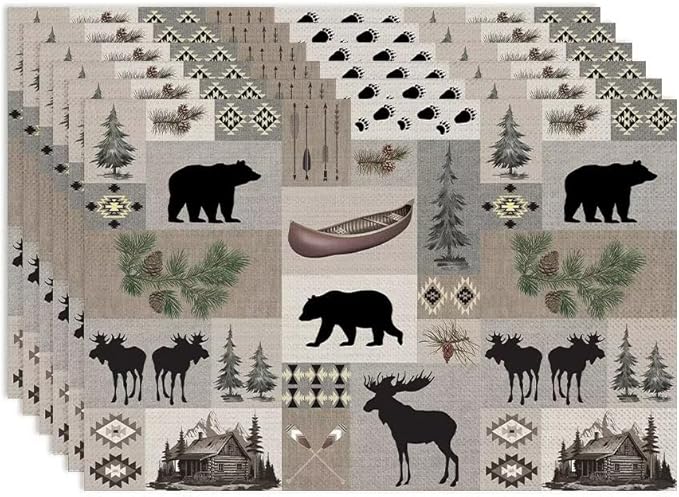 Retro Rustic Lodge Bears Deer Placemats Set of 6, Vintage Cabin Pine Tree Farmhouse Country Style Place Mats, Heat Resistant Non Slip Cotton Linen Dining Table Mats for Home Kitchen 18x12 Inch