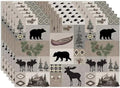 Retro Rustic Lodge Bears Deer Placemats Set of 6, Vintage Cabin Pine Tree Farmhouse Country Style Place Mats, Heat Resistant Non Slip Cotton Linen Dining Table Mats for Home Kitchen 18x12 Inch
