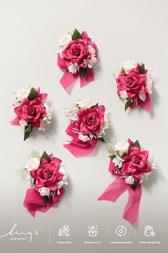 Ling's moment 6pcs Wedding Wrist Corsage Artificial Flowers, Girl/Mother Homecoming Prom Corsages Wristlet Décor, etc. Hot Pink Magenta